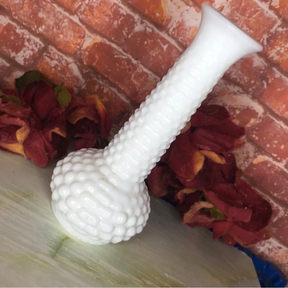 Vintage MCM E.O. Brody Co. White Milk Glass Hobnail Bud Vase